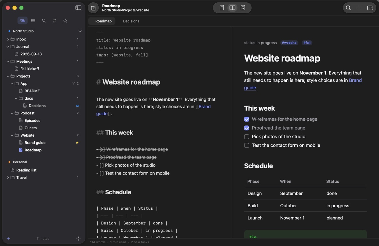 MDTree in dark mode, with the same tree, editor and preview on a dark background