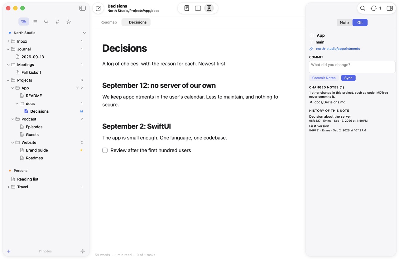 The inspector on the Git tab: the project App on the main branch, a field for the commit message, the buttons Commit Notes and Sync, the changed note Decisions.md and the history of that note with two earlier versions