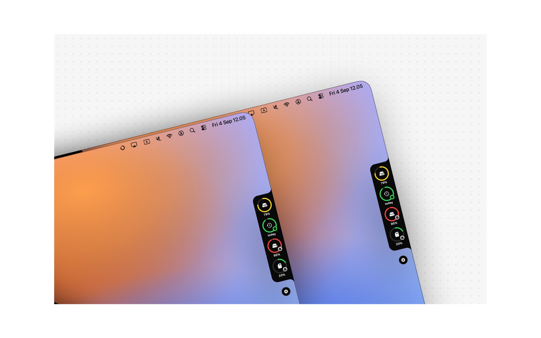 Spacenotch side panel on two tilted Mac screens, showing rings for the internal disk, a Time Machine disk, an external drive and an SD card